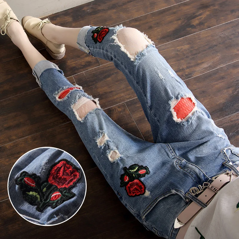 denim jeans panty women spring summer style autumn 2017 feminina fashion thin rose new hole embroidery pants female A3662 |
