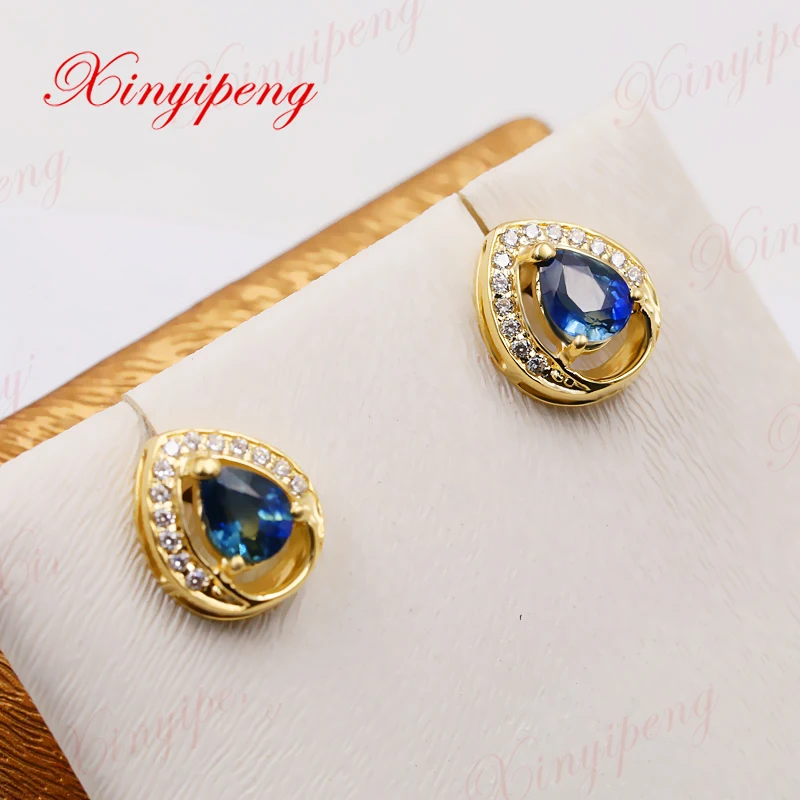 Xinyipeng18K желтое золото инкрустированные природные сапфировые шпильки Женская форма выглядит как капельки