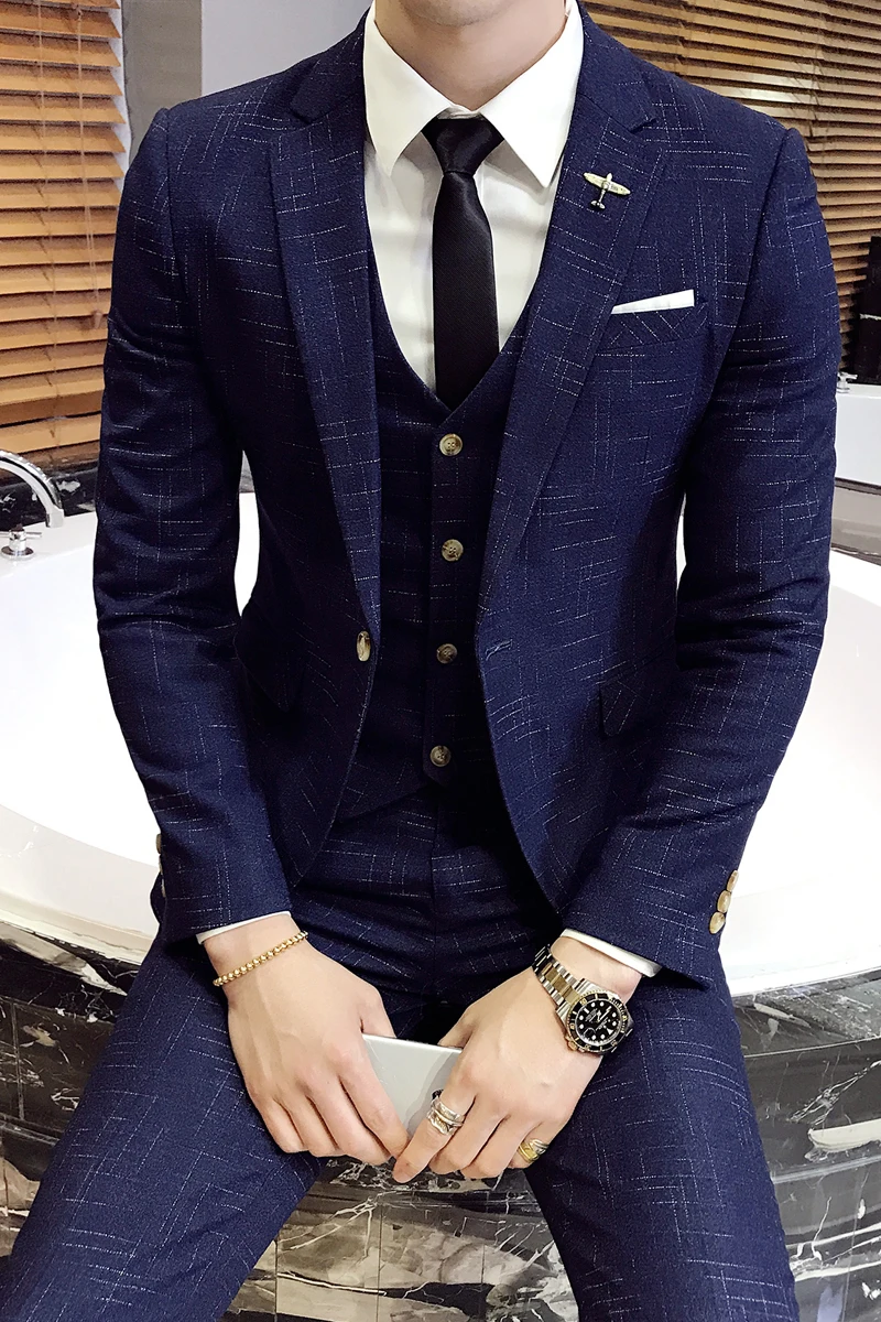 Custom Made Slim Fit Plaid Groom Tuxedos Blue Colour Side Slit Best Man Suit Wedding Groomsman/Men Suits men wedding suits 2017