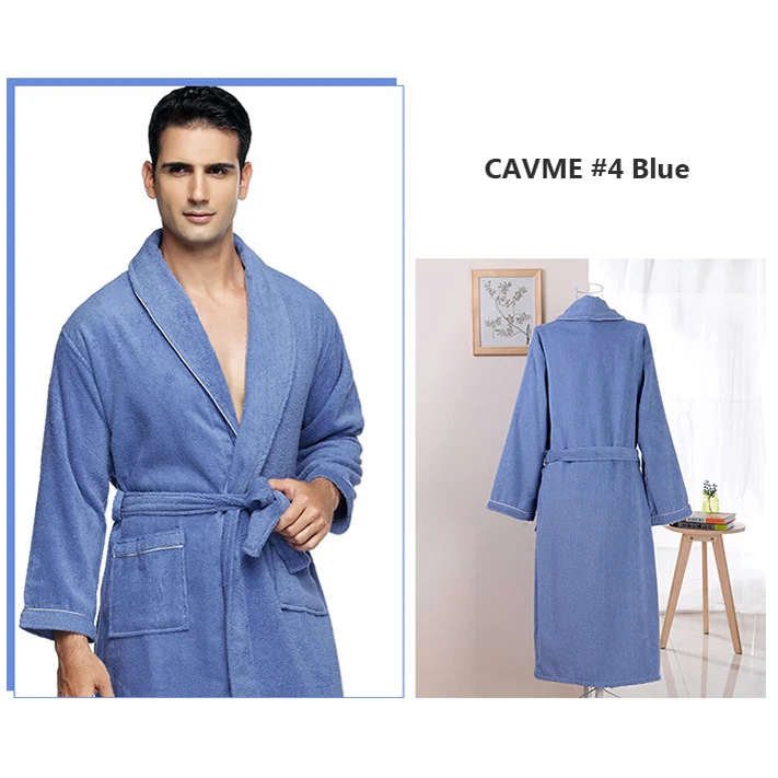 CAVME 4 Blue Хлопковый махровый халат для пары, кимоно, полотенце, халат для отеля, халаты для женщин и мужчин, длинный халат для отдыха, длинный рукав, ночной халат - Цвет: CAVME 4 Blue