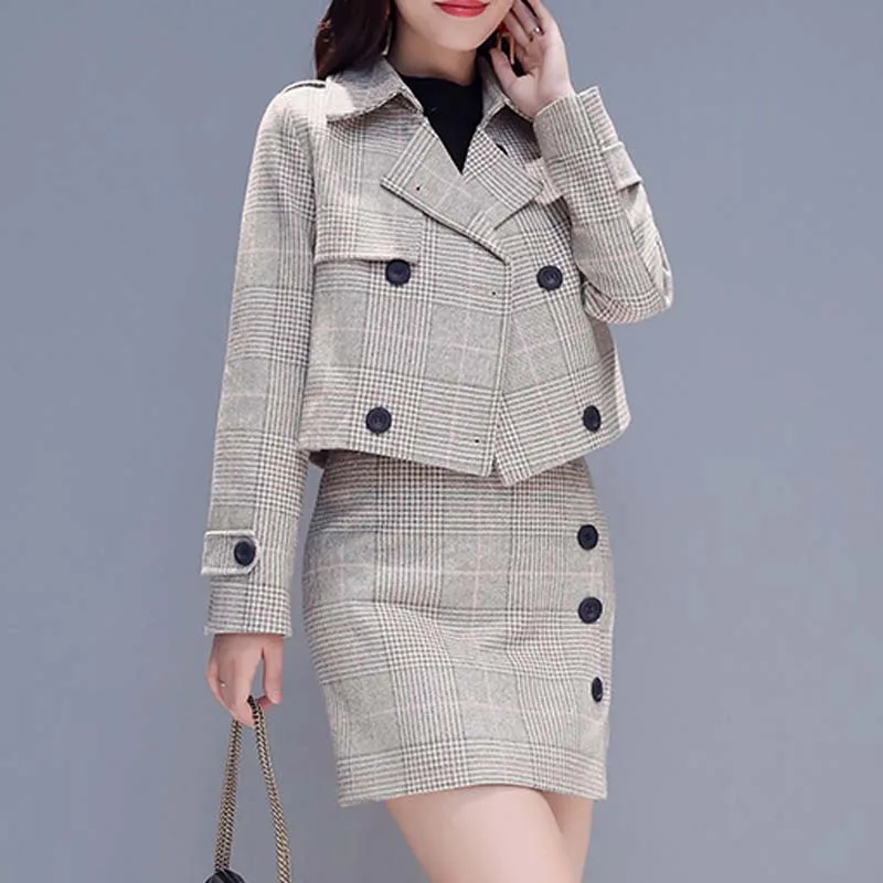 Beige Plaid Ellacey, новинка, Женский комплект из 2 предметов, шерстяной, в клетку, Женский костюм с юбкой, Тренч, деловой костюм, комплект, женский элегантный Блейзер, юбка, наборы - Цвет: Beige Plaid