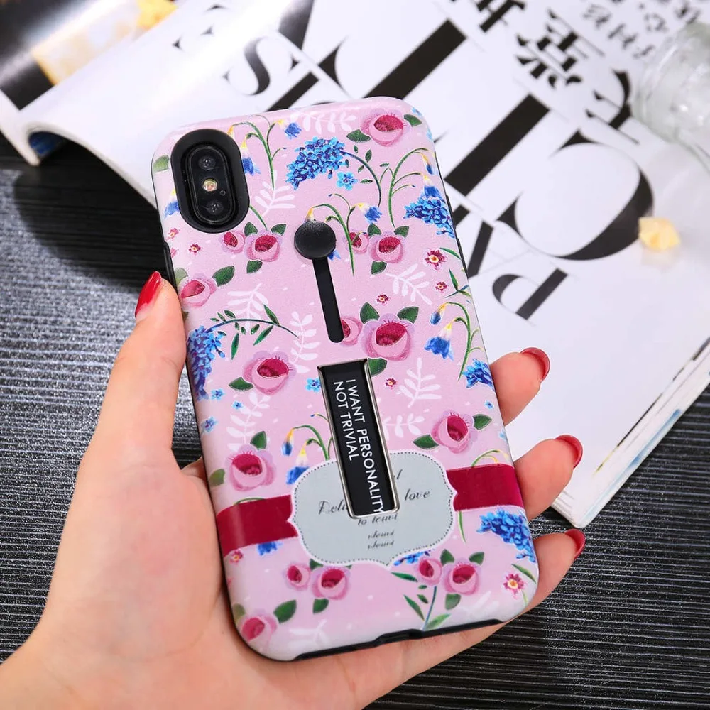 IMIDO Flower Painted Phone Case For iPhone 7 Plus Hide Ring Stand Holder Back Cover X XR XS MAX 8 6 6S Coque |