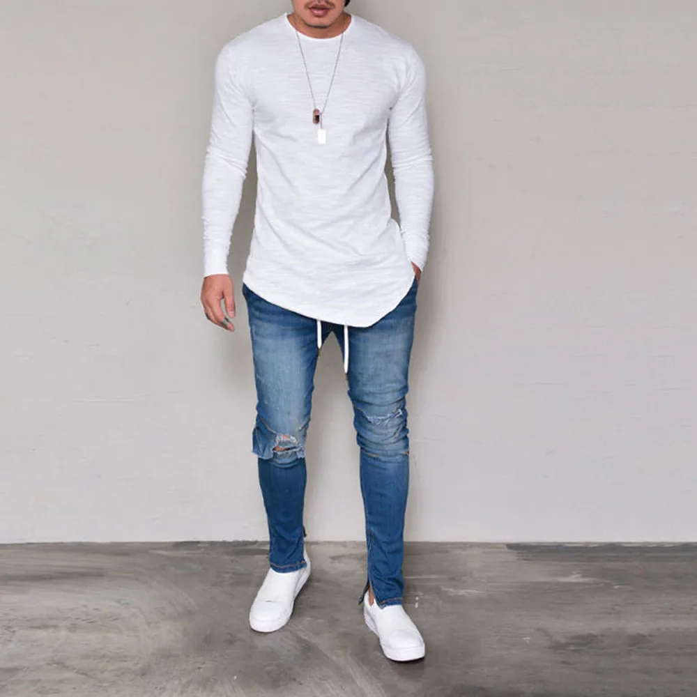 Feitong рубашка для мужчин Slim Fit О-образным вырезом с длинным рукавом мышцы рубашка повседневные блузки Social Masculina