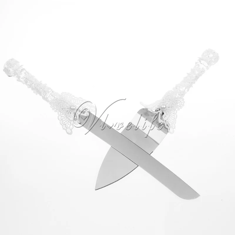 Набор ножей для свадебного торта с белыми бабочками нержавеющая сталь резак