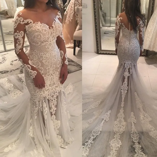 

Vintage Lace Mermaid Wedding Dresses 2021 robe de mariee Arabic Long Sleeve Sheer Illusion Bridal Gowns Handmade gelinlik