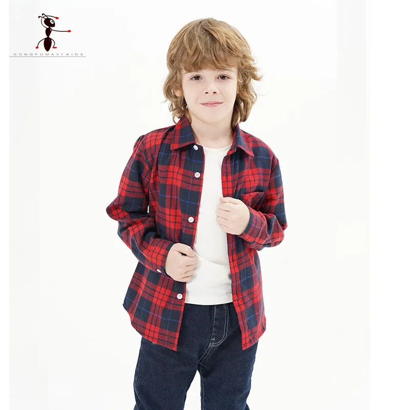Hot Sale 100%Cotton Baby Boy Shirt Turn-down Collar Flannel Baby Blouse Tops Plaid Baby Shirts For 2-12 Years Old Kids Shirts