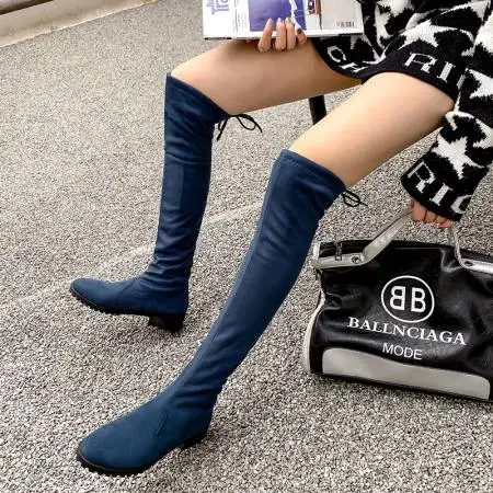 Blue Low heel S SIMLOVEYO/черные, серые женские замшевые ботфорты выше колена на толстом квадратном каблуке; женские Сапоги выше колена; большие размеры 32-48; B007 - Цвет: Blue Low heel S