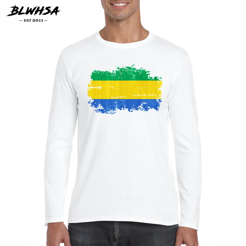 

BLWHSA Newest Autumn Cotton Gabon Flag Nostalgic Design Printed T Shirt Men's Casual Long Sleeve O-neck T-shirts White S-2XL