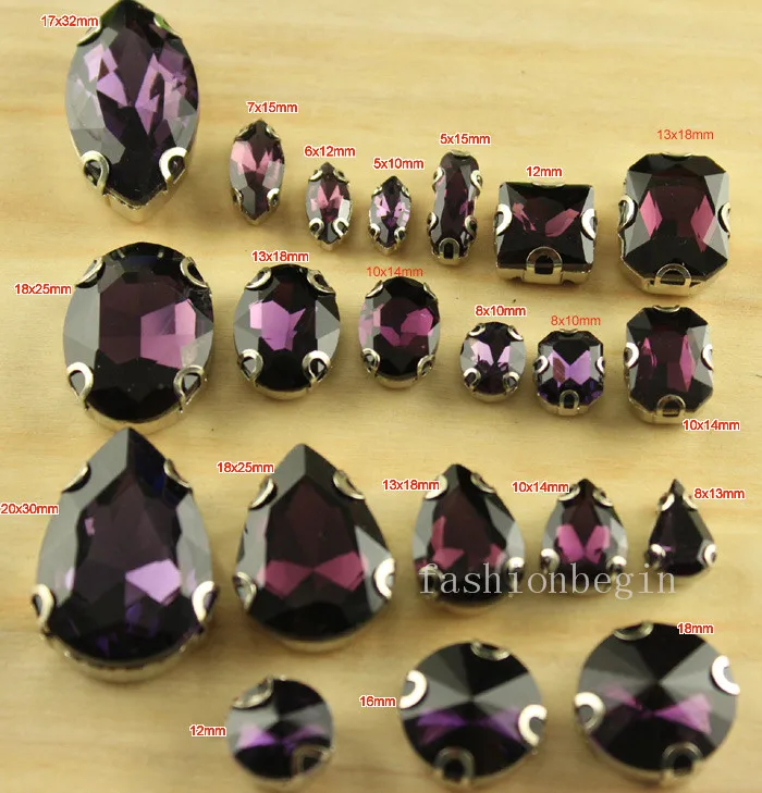 Стеклянный камень всех форм фиолетового цвета с D-образной металлической оправой