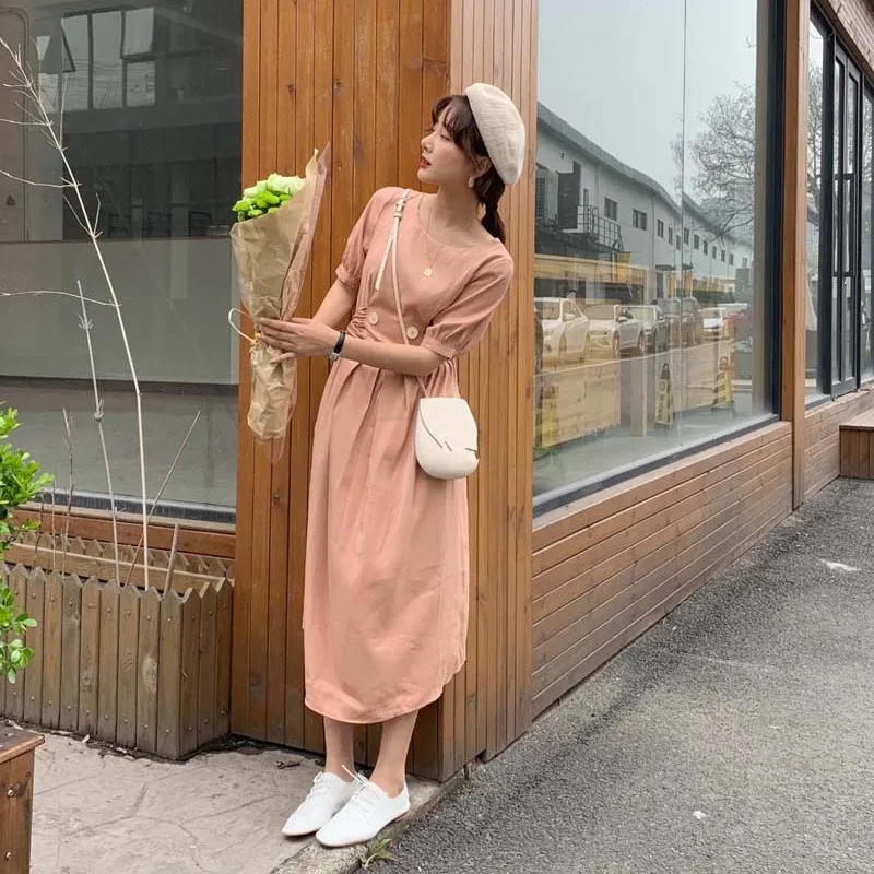 Fashion 2019 Summer New Solid Beach Long Dress Women Vintage Short Sleeve Empire A-Line Female Casual Mid Dresses | Женская одежда