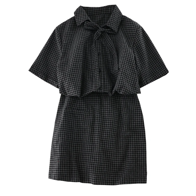 2019 new fashion women's two piece set Retro Plaid Bandage Shirt+ High Waist Pack Hip Pants Skirt Two Piece | Женская одежда