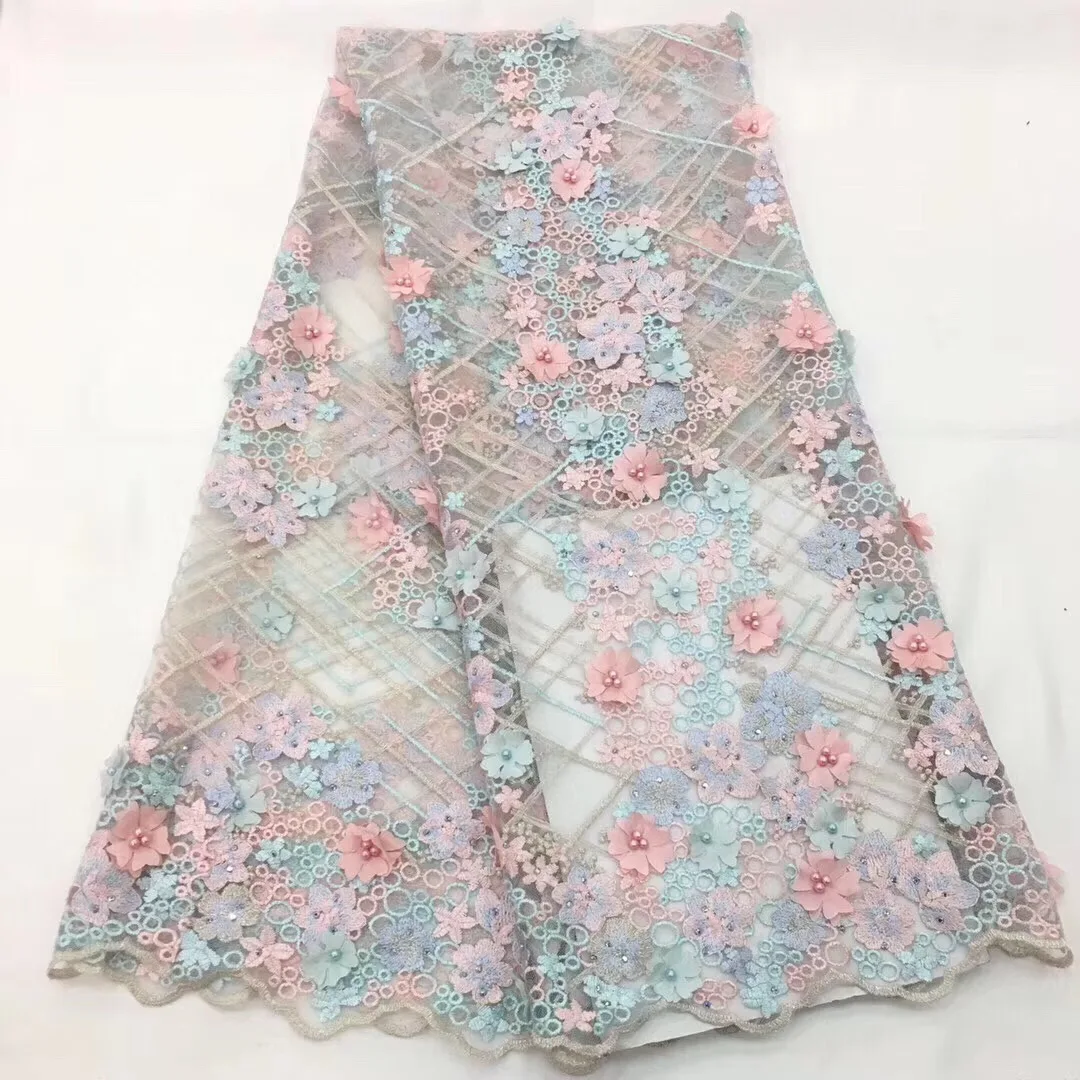 

Beaded 3d lace fabric for wedding dress new style african lace fabric high quality french tulle net lace with 3d flowers LCD914B