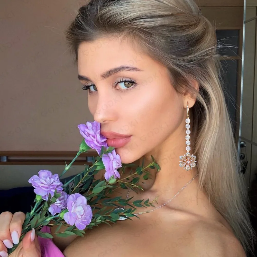 GODK 80MM Luxury Flower Long Dangle Earrings For Women Wedding Full Micro Cubic Zircon Crystal CZ Dubai Bridal Big Drop | Украшения и