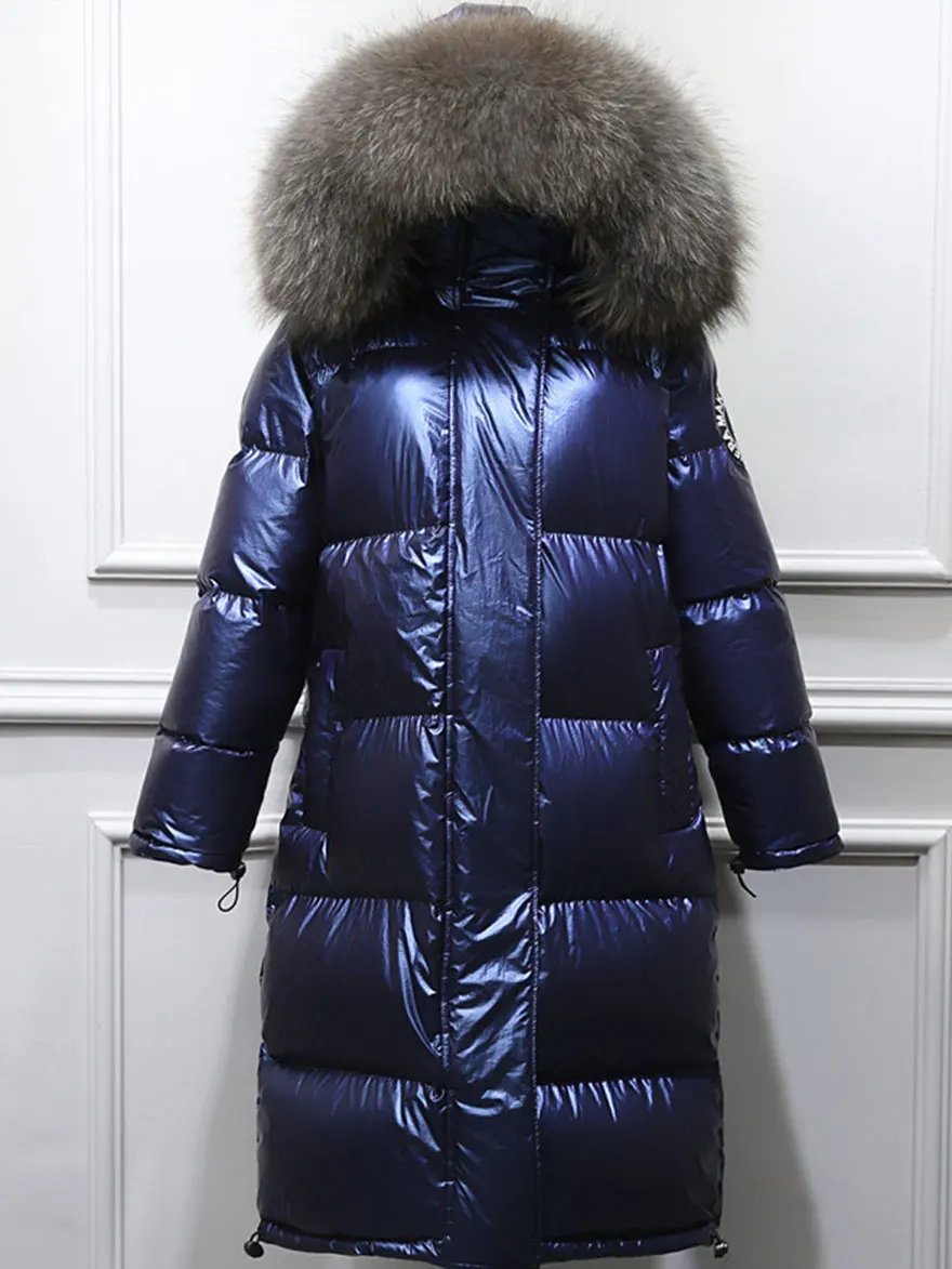 blue grey fur Женские зимние пуховики с воротником из меха енота,, Длинные куртки, модная яркая с капюшоном, парка, пуховик, женская верхняя одежда, теплая - Цвет: blue grey fur