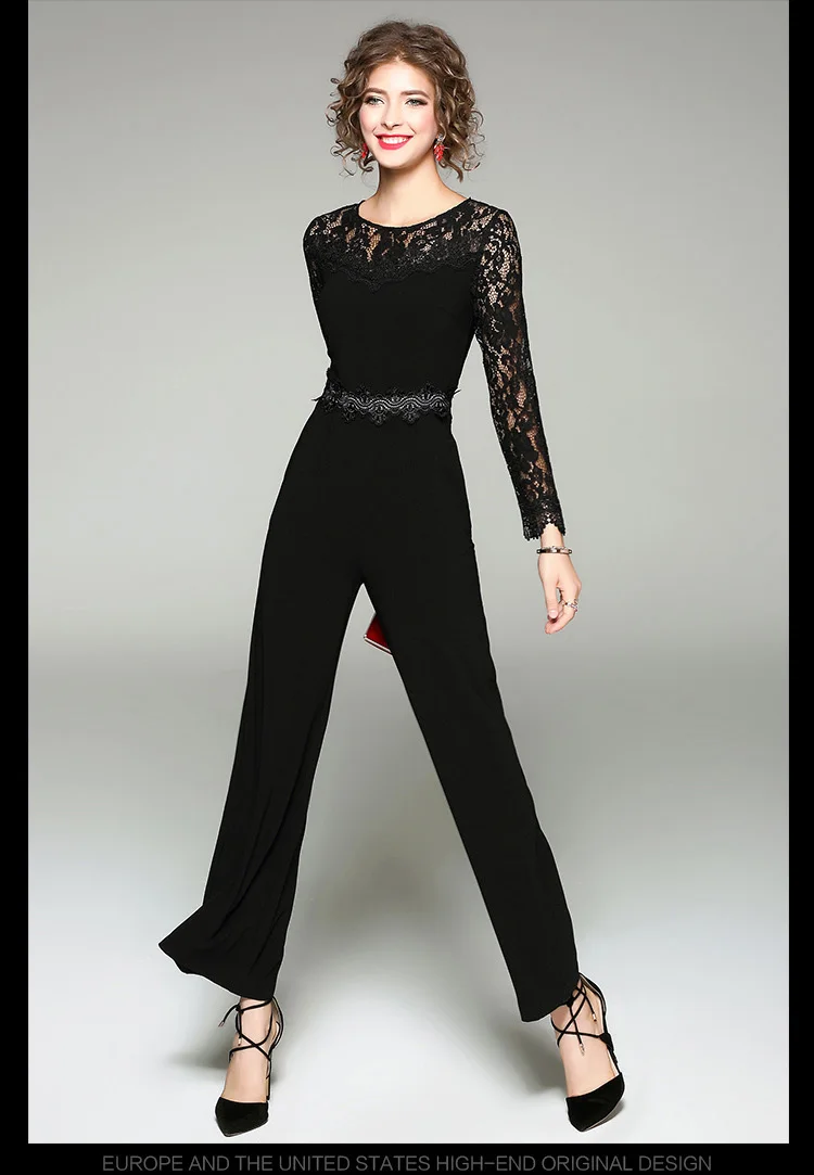 New Arrival 2017 Women's O Neck Long Sleeves Embroidery Lace Bodice Patchwork Fashion High Street Jumpsuits&ampRompers | Женская