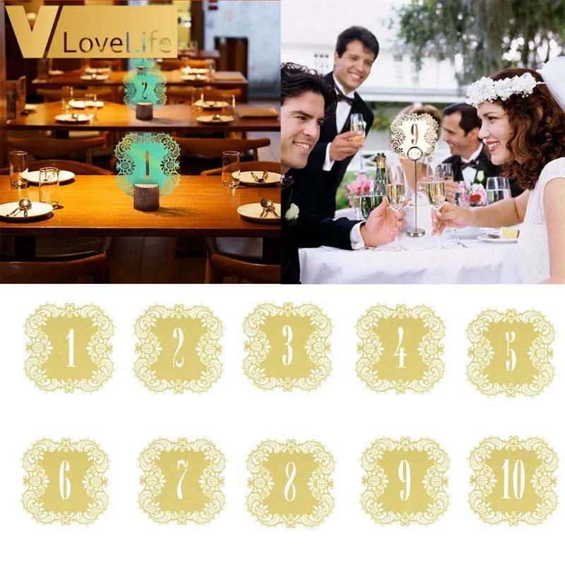 10 шт. бежевого и золотого цвета Ажурные кружевные настольные карты с номером