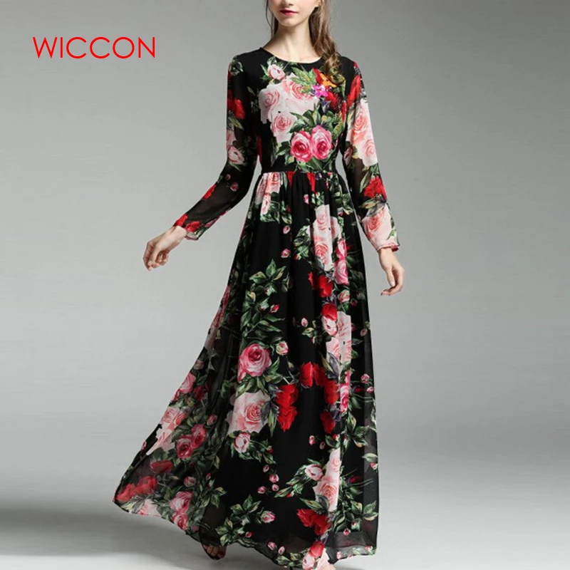 WICCON Новое модное женское платье с принтом розы Vestidos элегантное пляжное шифоновое длинное платье повседневное винтажное весенне-летнее платье с круглым вырезом