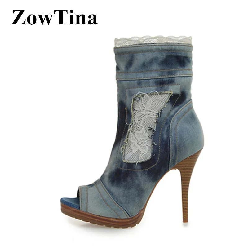 

Women Platform Peep Toe Ankle Boots Light Blue Denim Autumn Short Booties Ladies Shoes High Heels Botines Mujer Cowgirl Boots