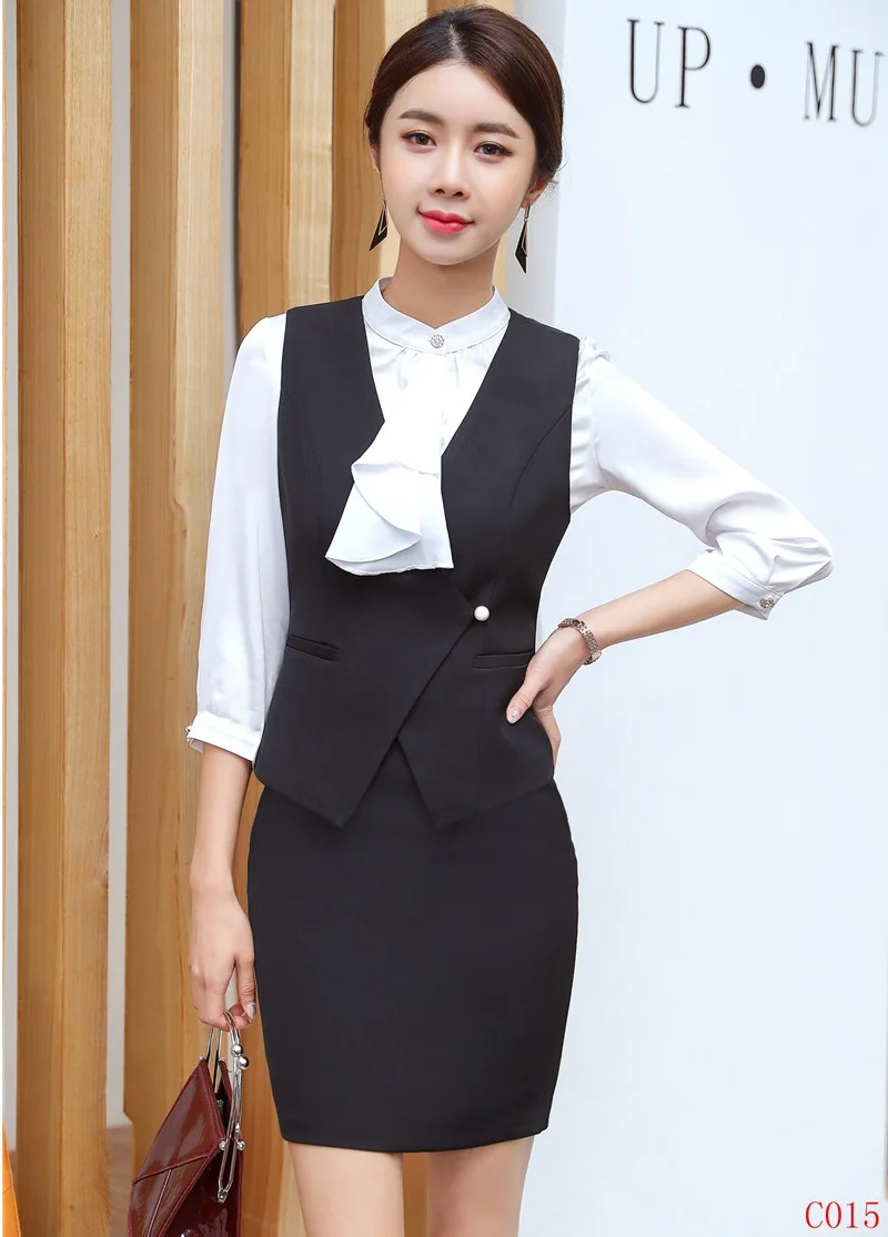 Модные официальные женские деловые костюмы с юбкой и топом Дамский пуховик жилет