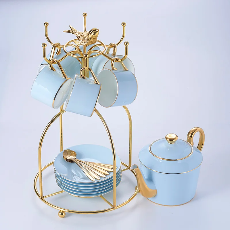 14PCS Set Золотой, синий, костяной фарфор, кофейный набор, роскошный фарфор, благородный чайный набор, расширенный горшок, чашка, керамическая кружка, сахарница, сливочник, чайная посуда - Цвет: 14PCS Set
