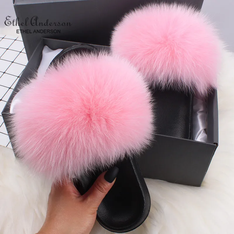 Pink Fox Fur ; Коллекция года; шлепанцы с натуральным плюшевым лисьим мехом; женские летние Вьетнамки; милые праздничные сандалии с пушистым мехом енота - Цвет: Pink Fox Fur