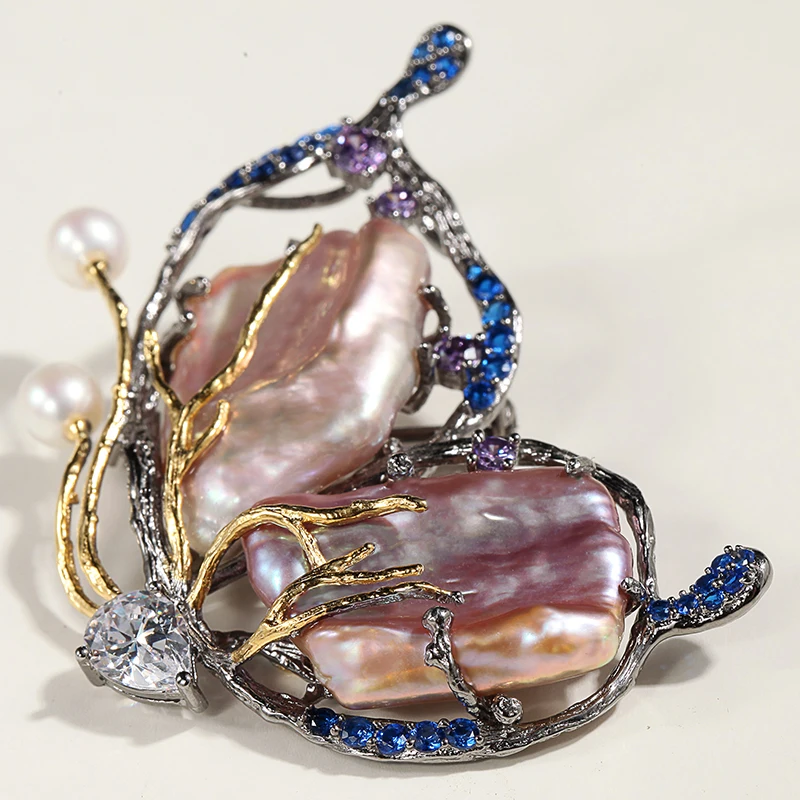 S925 посеребренный барочный жемчуг Искусство ретро крафт Брошь бабочка кулон