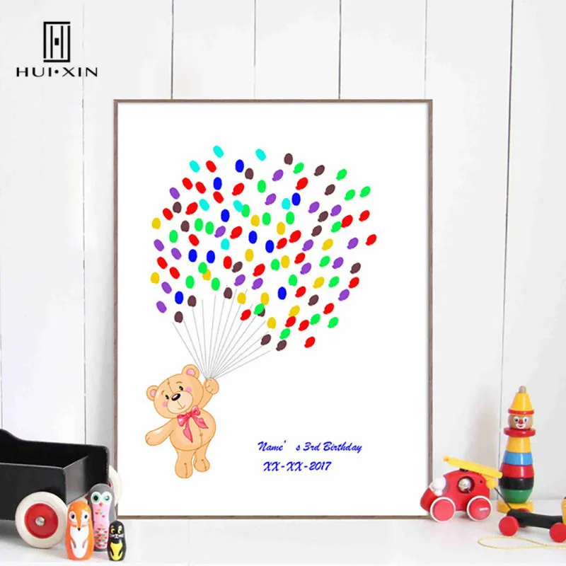 

A Cute Bear Grabbing The Ballon Free Personalized Custom Fingerprint DIY Guestbook Children's Baptism For Kids' Party Decoration