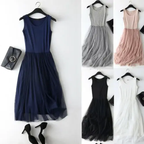 

Fashion Women Spring Summer Patchwork Mesh Party Dress Gauze Tank Dress Sundress
