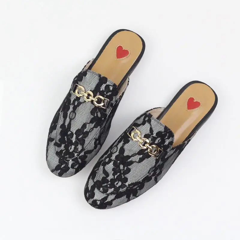 lace black Г., брендовая Летняя обувь из натуральной кожи без застежки, большие размеры, с вышивкой, на плоской подошве, с петлей на пятке, шлепанцы без задника с металлической цепочкой - Цвет: lace black