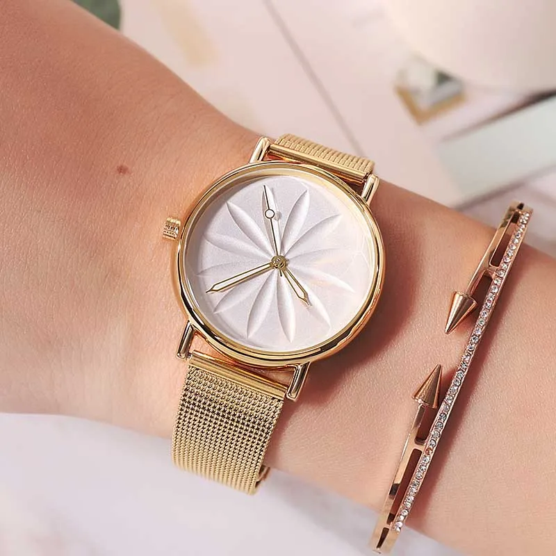 Gold Relogio Feminino, роскошные миланские наручные часы с сетчатым ремешком для женщин, модные часы под платье из розового золота, женские золотые часы, кварцевые часы - Цвет: Gold