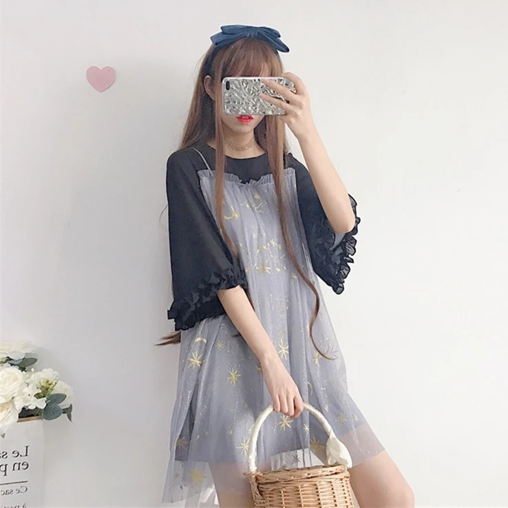 Sweet Girl Women's Fall Fake-Two-Piece Mini Dress One Piece Net Yarn Star Embroidery 2018 Autumn Fairy Kei Flare Sleeve | Женская