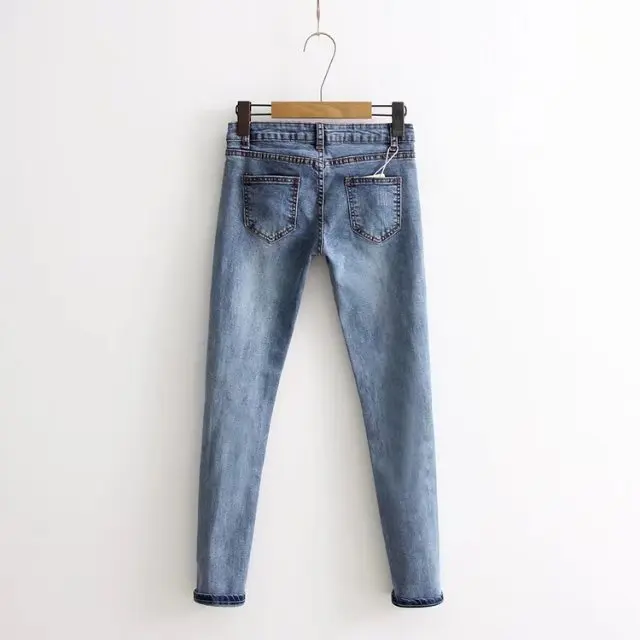 

Jeans For Women Ripped Hole Stretch Denim Pants Beads Pearl Skinny Pencil Pants Casual Rivet Slim Trousers Mid Waist Cowboy