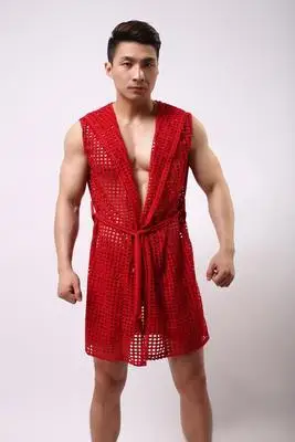 Мужская пижама отдых дома сетка сексуальная одежда для сна без рукавов (шорты в