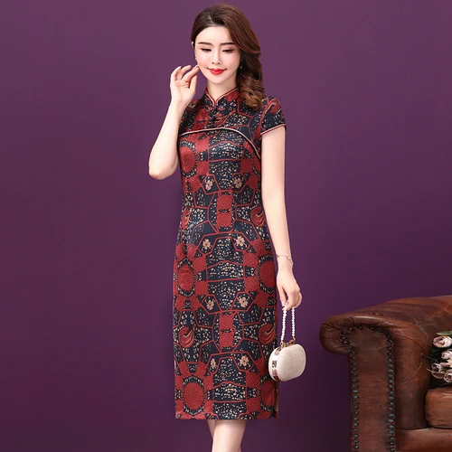 Осень 2021 новое китайское шелковое платье в ретро-стиле с принтом и