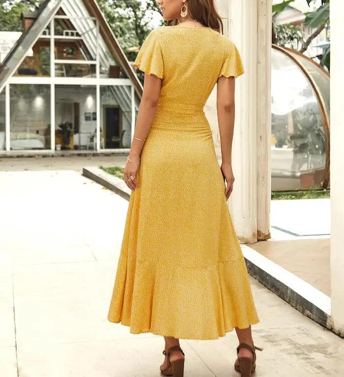 Летнее Пляжное Платье макси с V образным вырезом и коротким рукавом женское