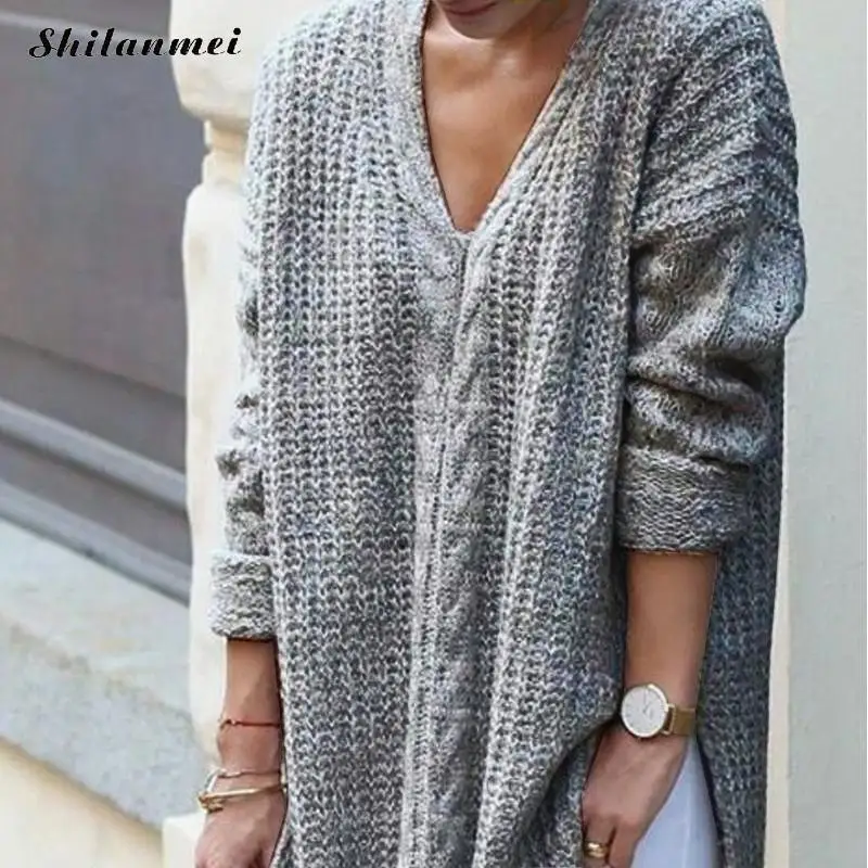 

2019 Autumn Fashion Weater Women Oversized Knitted Long Pullover Sexy V-Neck Long Sleeve Loose Sweater Solid Black Gray Jumper