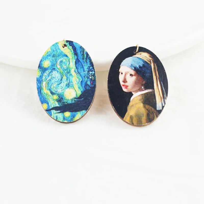 Vintage Retro Renaissance Art Famous Oil Painting Women Portrait Asymmetric Starry Earrings Wooden Abstract Drop | Украшения и