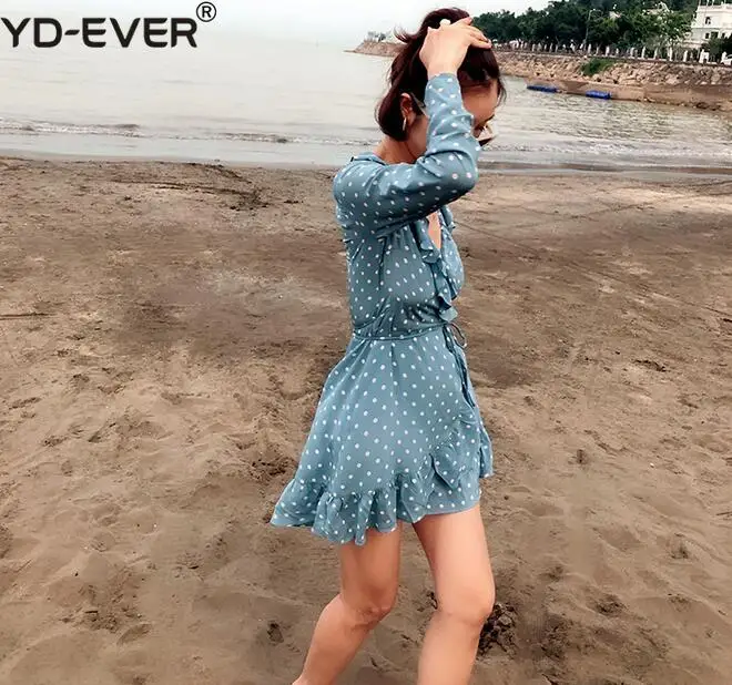Women The Alexandra - Dusty Blue Spot Polka Dot Printed Long Sleeve Deep V Neck Ruffle Wrap Mini Dress With Belt | Женская одежда