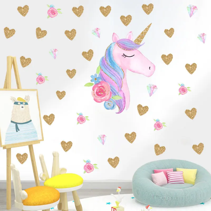 Наклейки на стену из ПВХ с мультяшными любовными звездами и единорогом для