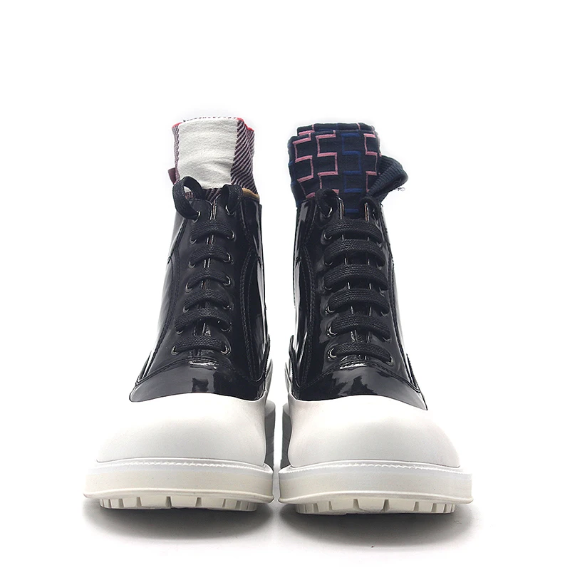 

Black White Patchwork Genuine Leather Cowboy Boots Men Lace Up England Style Round Toe Boots Fashion Casual Oxford Shoes