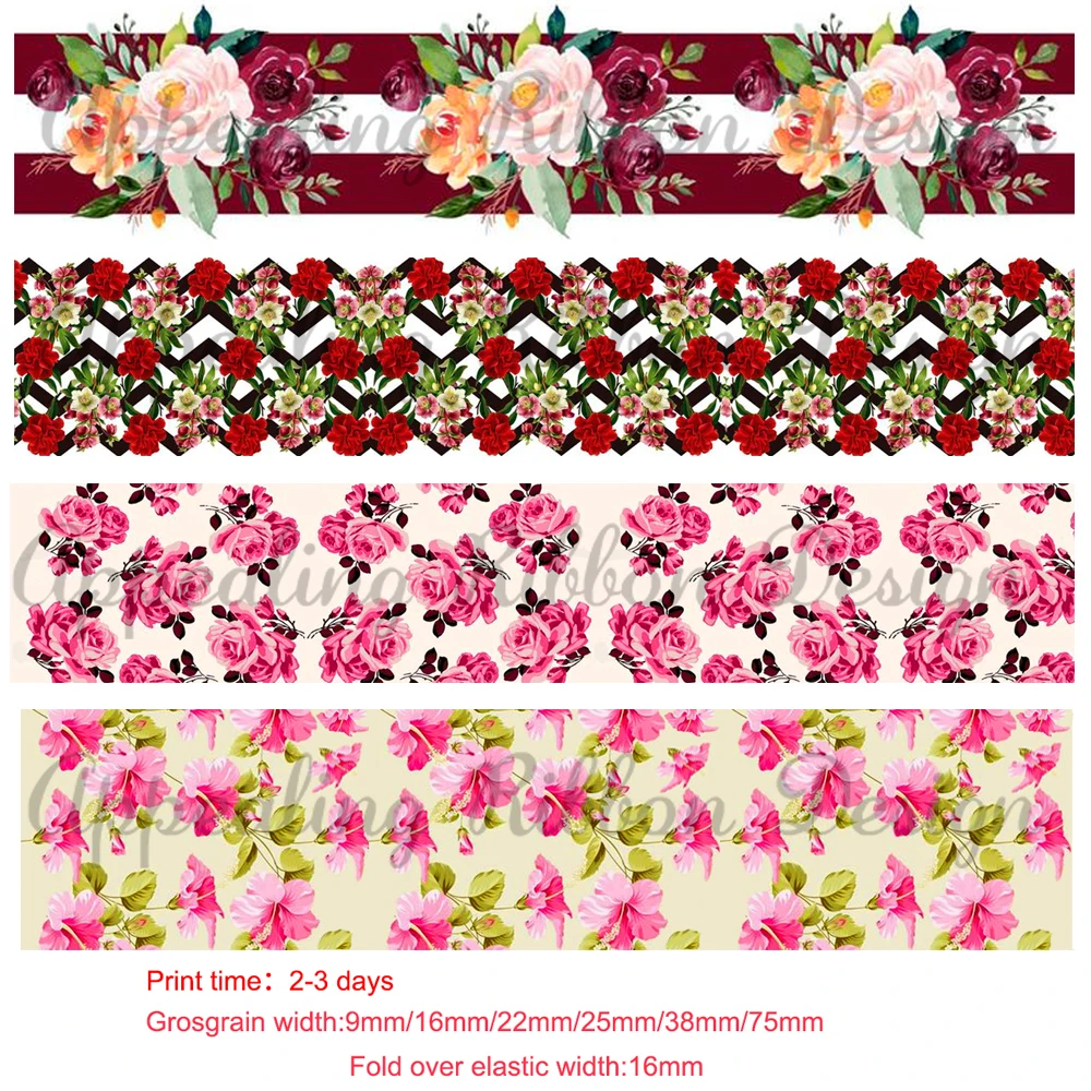 

Custom 22mm 25mm 38mm 75mm flower printed grosgrain ribbon 16mm print flowers elastic ribbon 50 yard DIY bow gift wrap ribbons