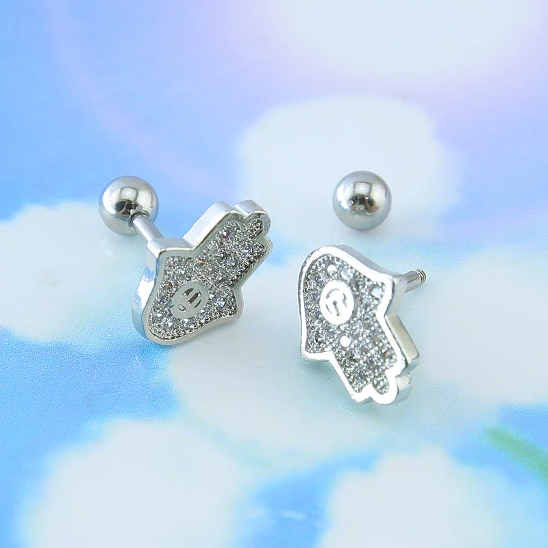 Серьги Хамса серьги гвоздики двусторонние из нержавеющей стали с кристаллами