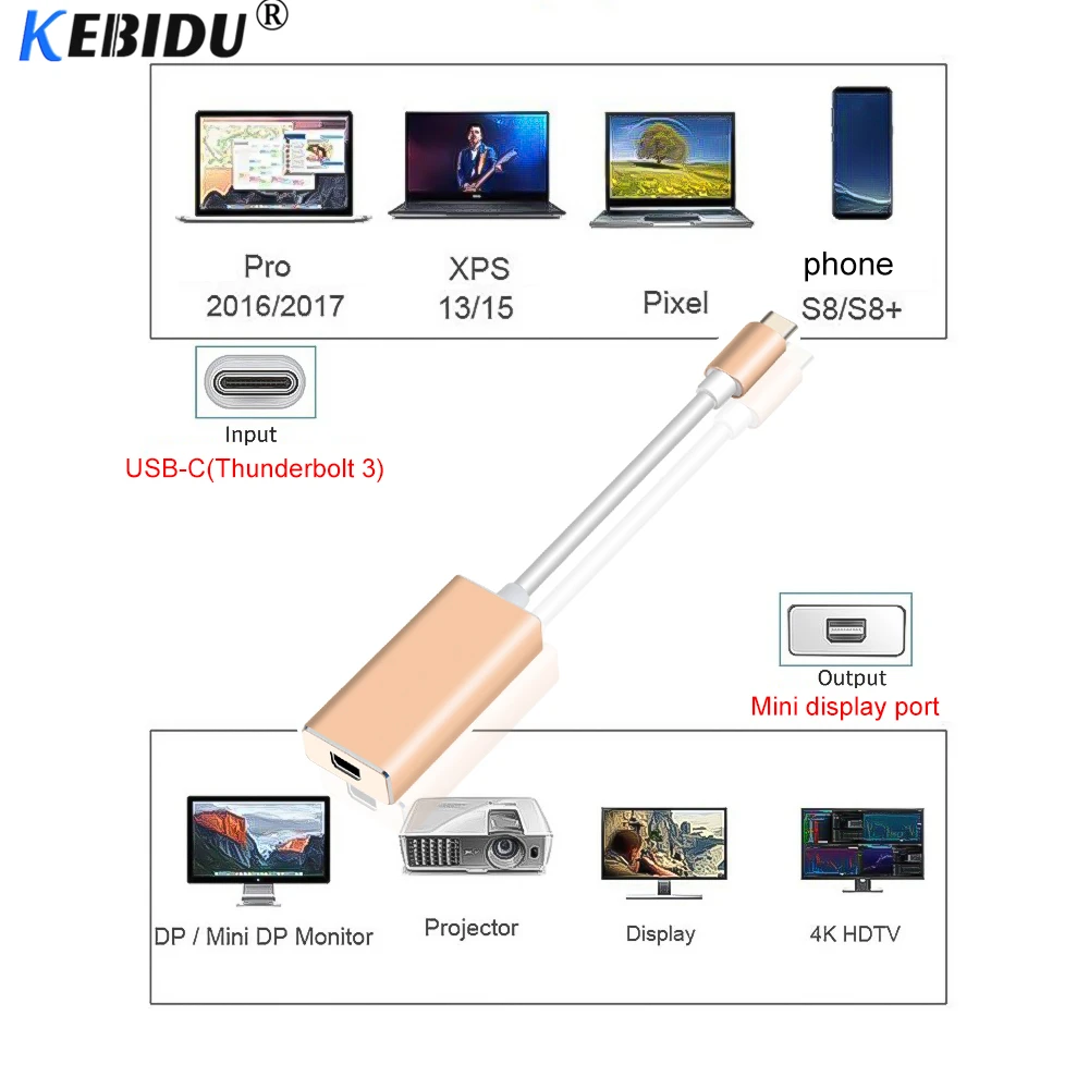 KEBIDU 4K Тип C для мини-дисплея порт мини кабель адаптера DP USB 3 1 mini DisplayPort UHD 1080P ChromeBook
