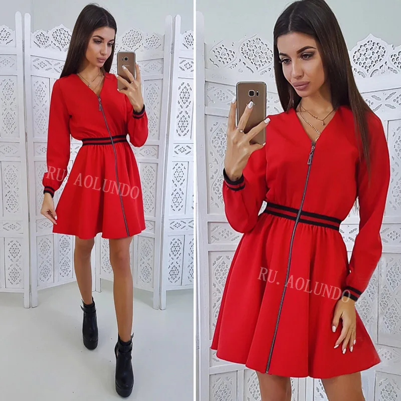 New Striped Webbing Zipper Stitching Dress Women 2019 Spring Slim V-Neck Long Sleeve Casual A-Line Mini Dresses | Женская одежда
