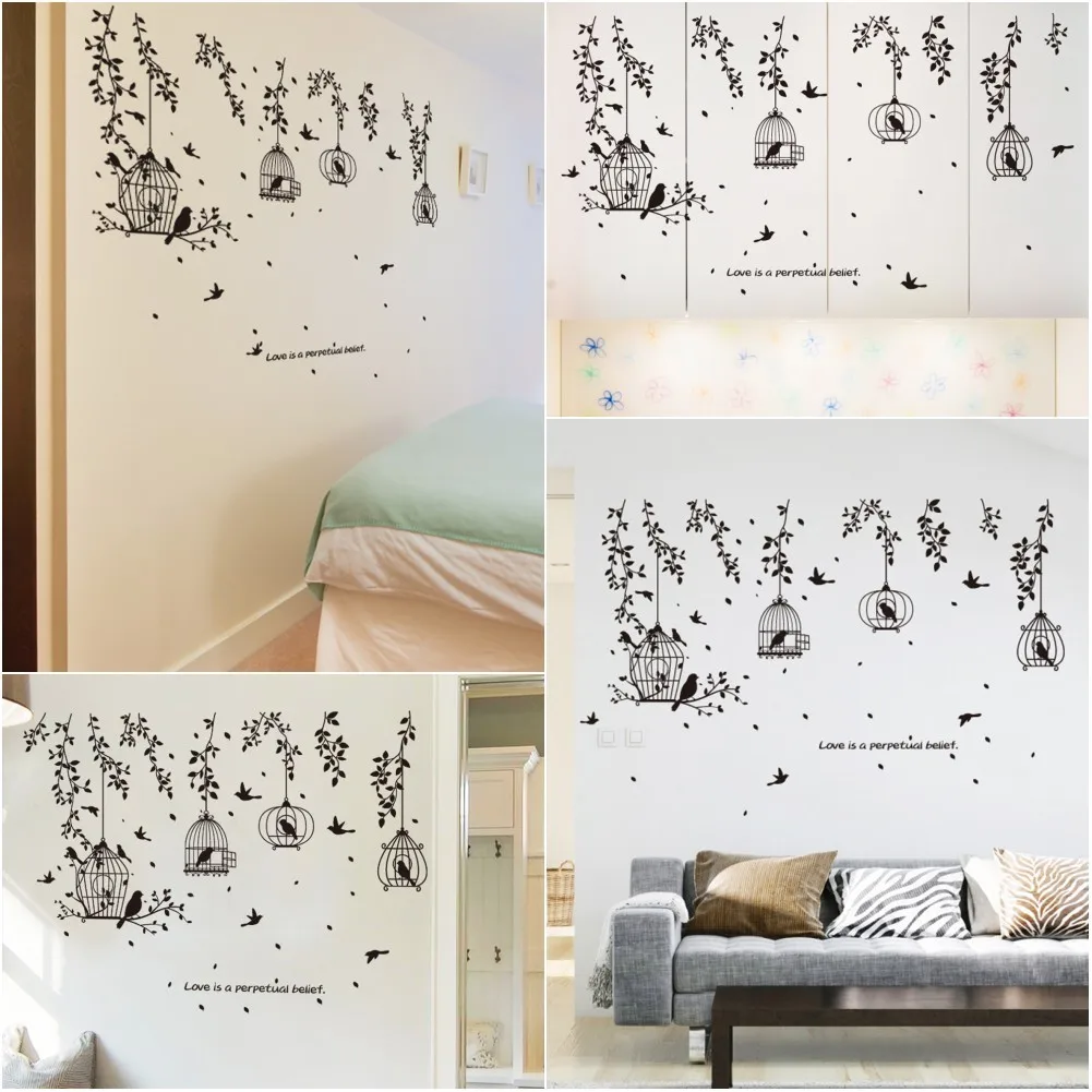 Black Bird Cage and Leaves Silhouette Patterns PVC Wall Stickers TV Background Wall Stickers Decorative Dining Hall Dormitory