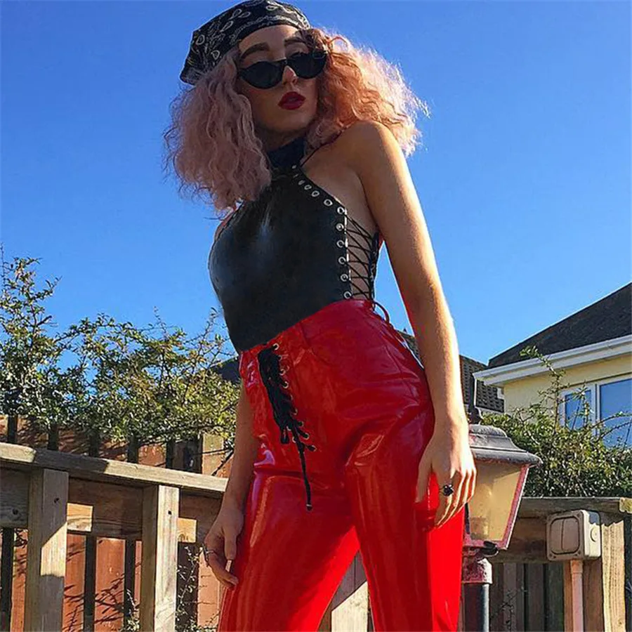 Холтер выдалбливают тело женщин сексуальный черный спинки боди Bodycon Harajuku PU