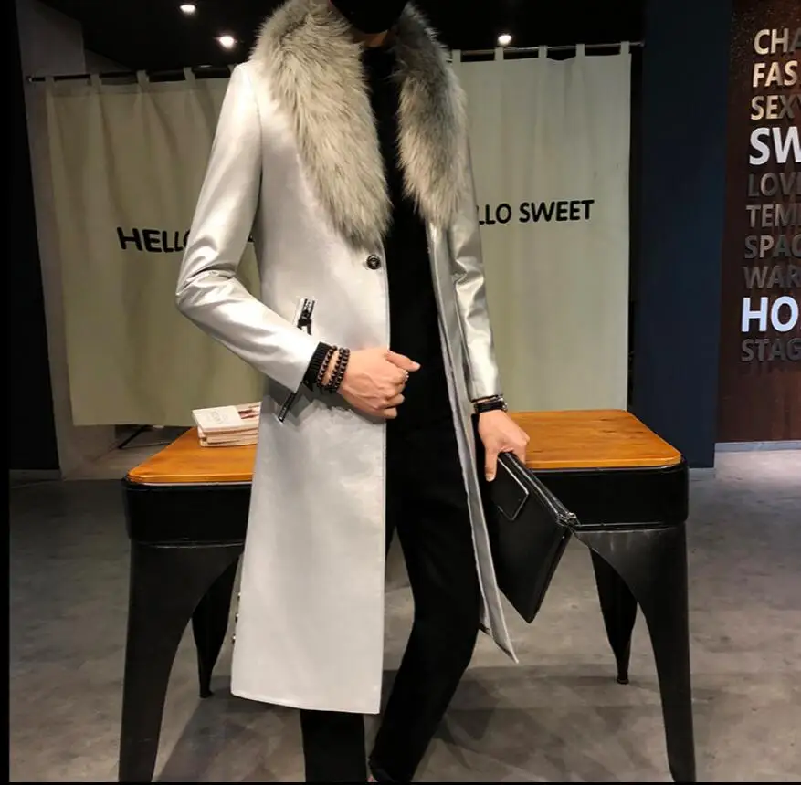 M-3xl мужской Тренч из искусственной кожи с меховым воротником корейский длинный