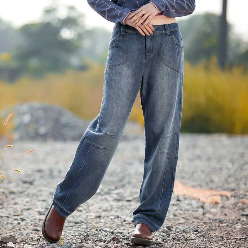 Джинсы женские прямые из смесовой хлопка с высокой талией на осень/зиму|jeans plus|plus