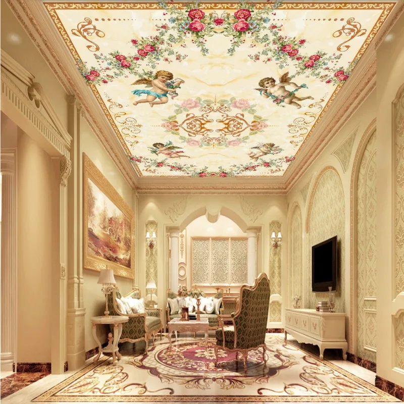 

Custom photo wallpaper 3D stereo wallpaper Romantic angel roses European ceiling zenith frescoes wallpaper custom mural