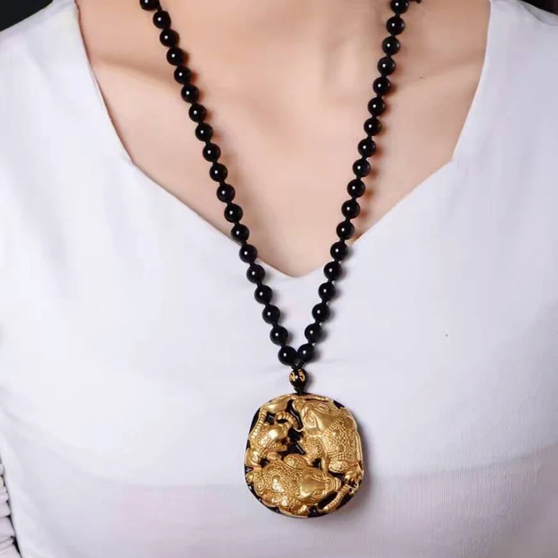 Золотая натуральная черная обсидиановая резьба золотая жаба счастливый амулет